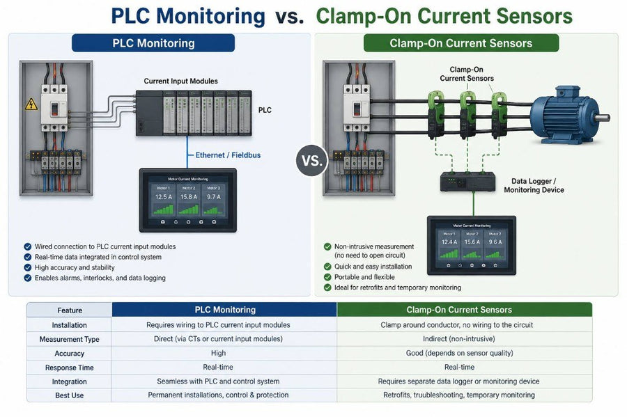 Side-by-side comparison of PLC monitoring via current input modules versus clamp-on current sensors with data logger for motor current monitoring