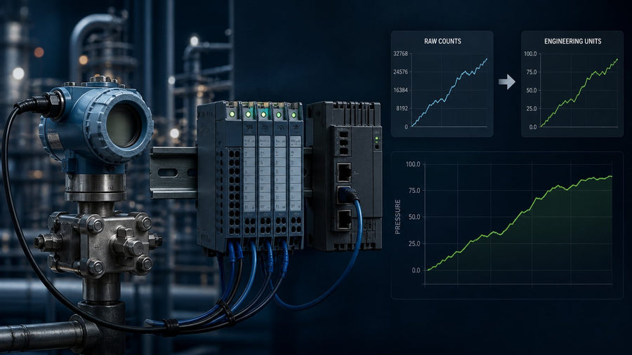 Analog input raw counts mapped to engineering units with a Logix SCL instruction