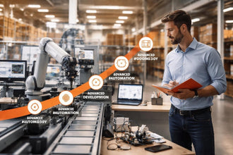 Engineers reviewing automated production and material handling equipment on a plant floor