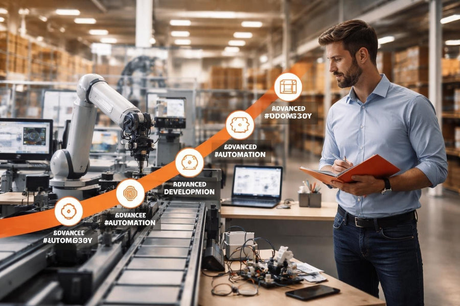 Engineers reviewing automated production and material handling equipment on a plant floor