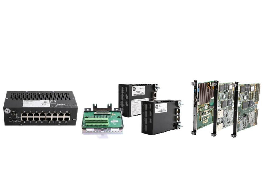GE Mark VIe turbine control hardware: Ethernet switch, terminal board, I/O packs, and rack controller cards