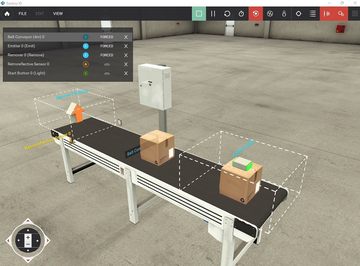 Factory I/O conveyor model linked to a Mitsubishi PLC simulation