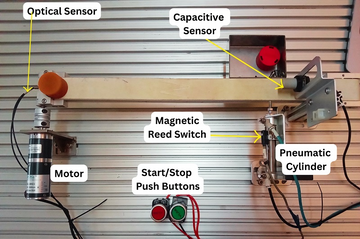 Conveyor and pneumatic pusher sequence controlled by a Mitsubishi FX PLC